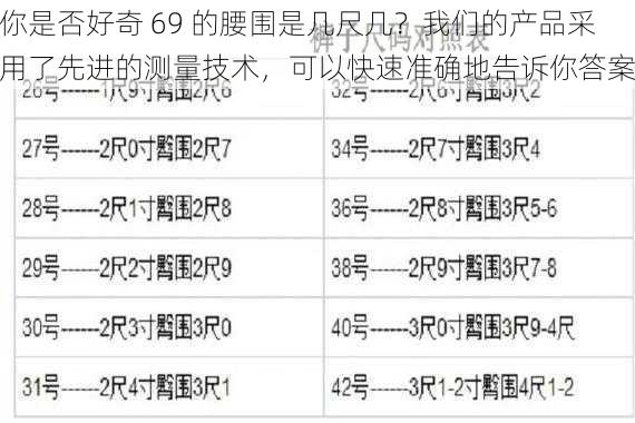 你是否好奇 69 的腰围是几尺几？我们的产品采用了先进的测量技术，可以快速准确地告诉你答案