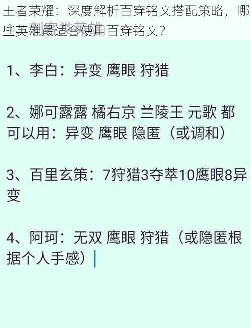 王者荣耀：深度解析百穿铭文搭配策略，哪些英雄最适合使用百穿铭文？