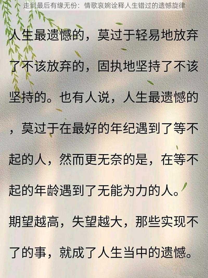 走到最后有缘无份：情歌哀婉诠释人生错过的遗憾旋律