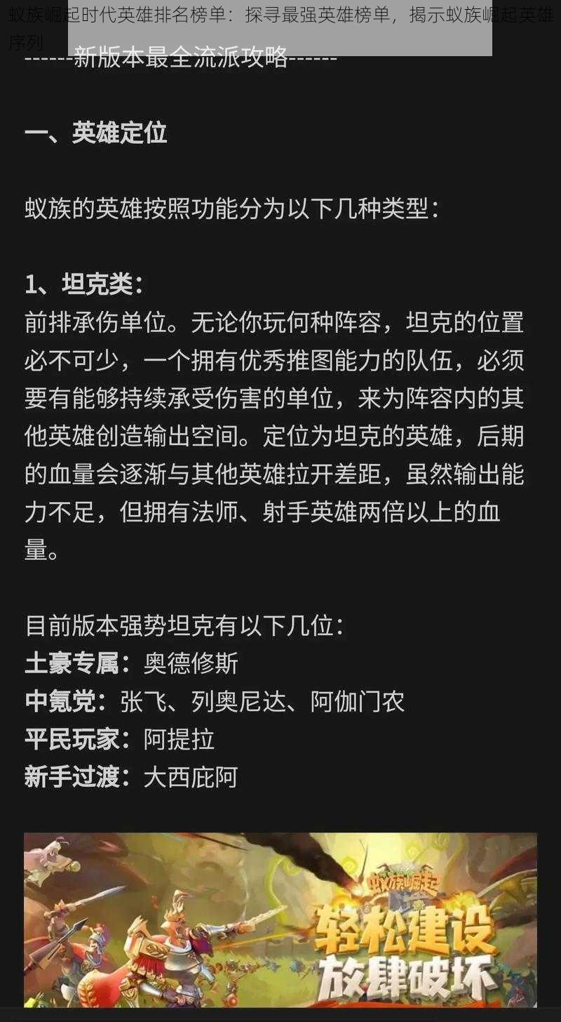 蚁族崛起时代英雄排名榜单：探寻最强英雄榜单，揭示蚁族崛起英雄序列