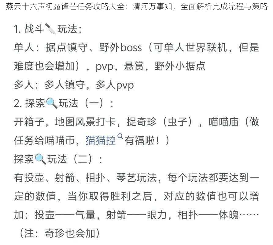 燕云十六声初露锋芒任务攻略大全：清河万事知，全面解析完成流程与策略